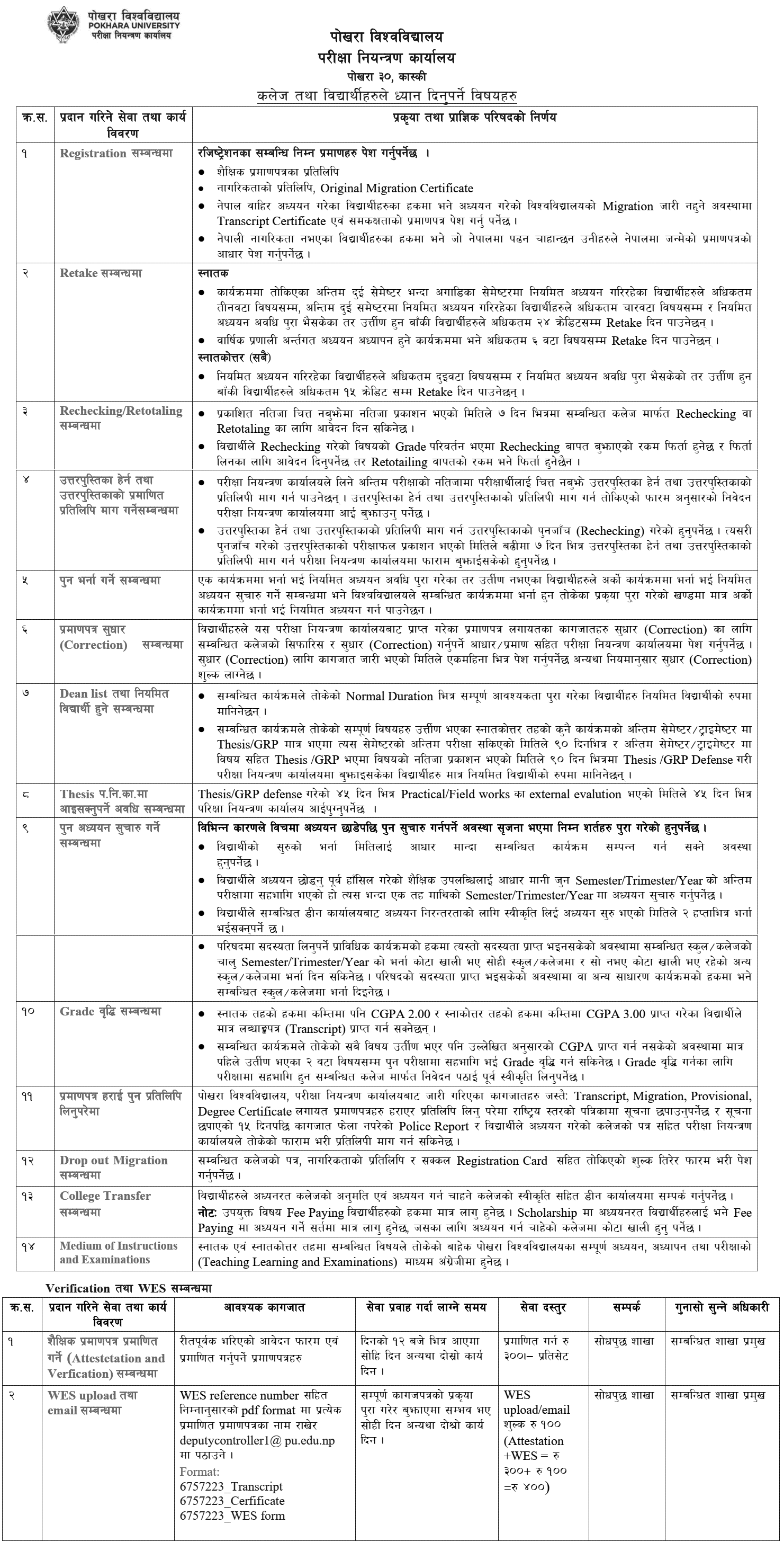 Pokhara University Exam Rules and Student Services Guide 