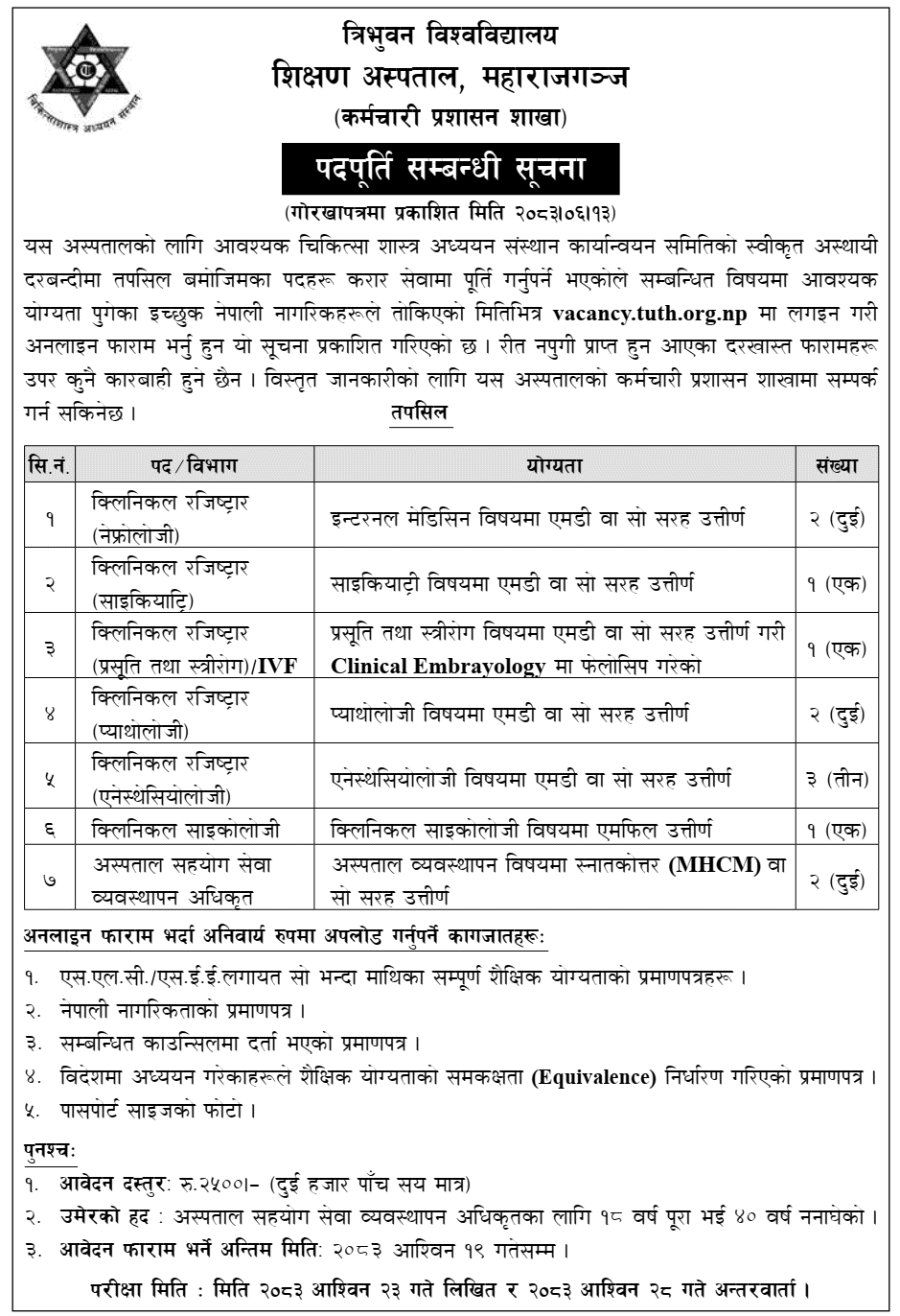 TU Teaching Hospital Vacancy for Various Contract Positions