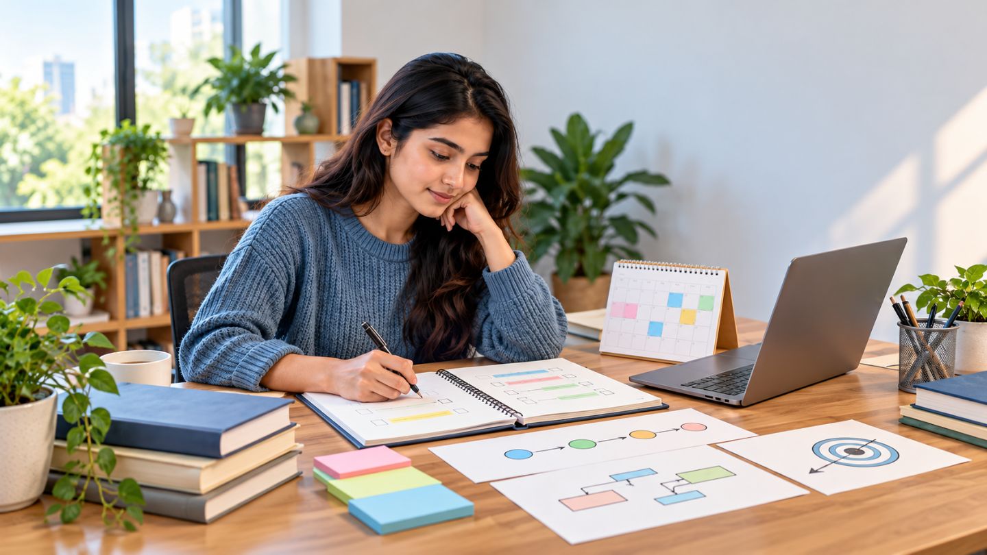A person at a desk turning a broad goal into clear actions 