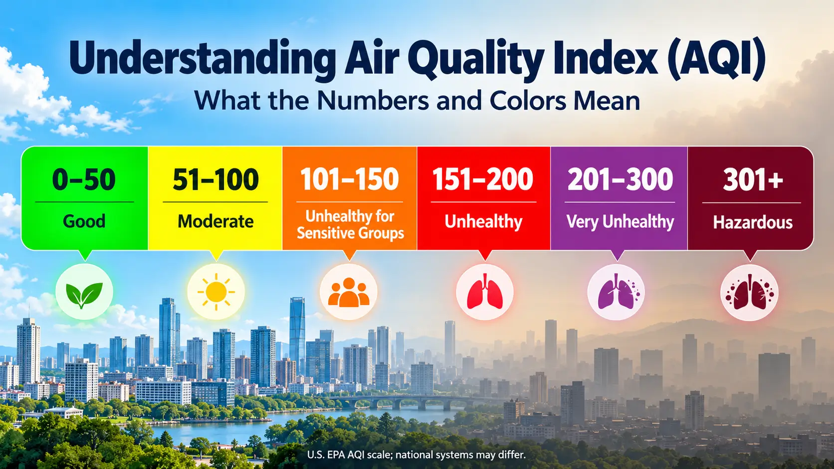 Air Quality Index chart showing six AQI levels, colors, and health categories 