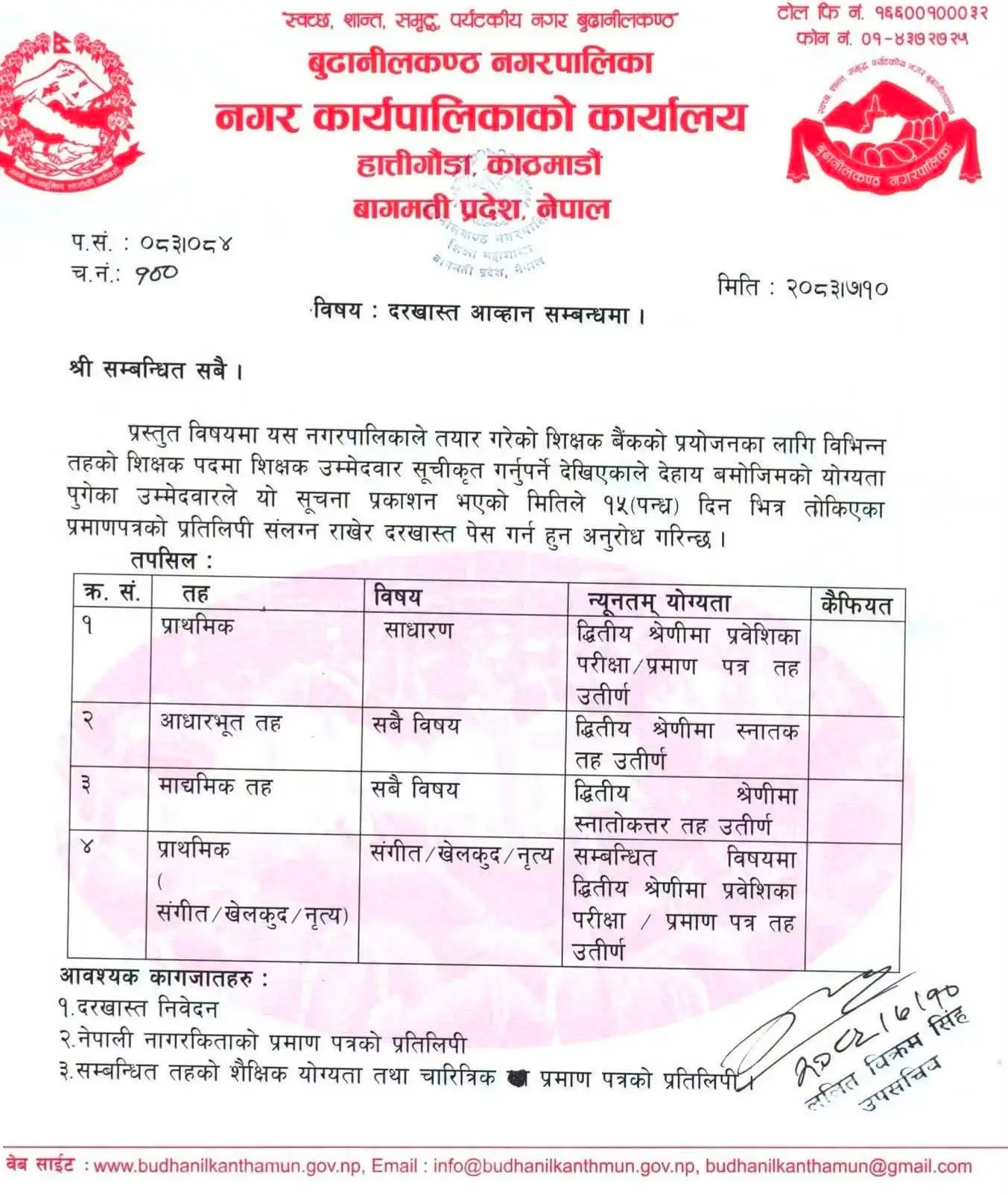Budhanilkantha Municipality Invites Teacher Bank Applications