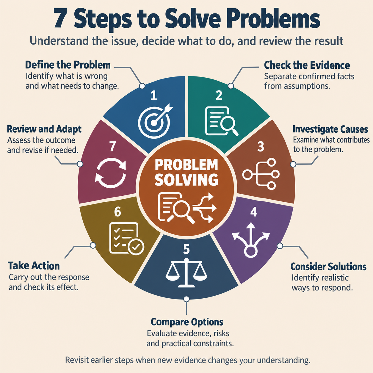 Circular infographic showing seven steps to solve problems systematically 
