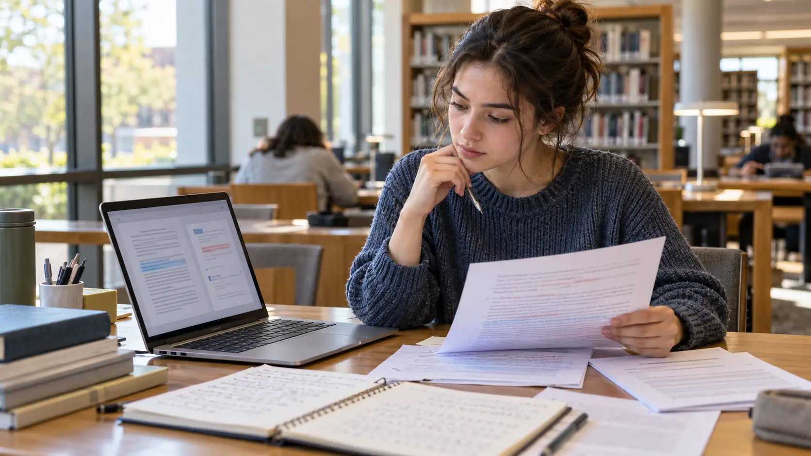 College student reviewing an essay draft and AI writing feedback 