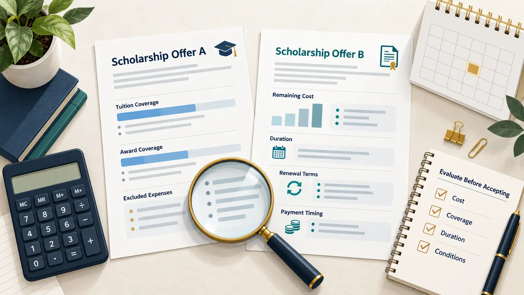 Comparing scholarship offers by costs, coverage, and renewal terms 