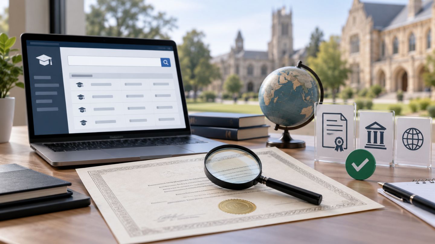 Degree certificate and laptop representing verification 