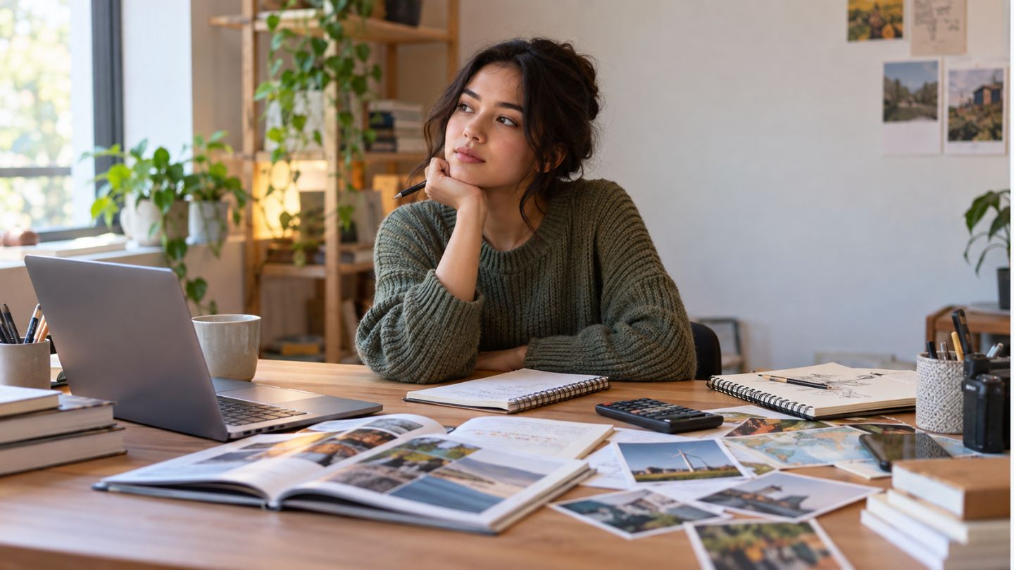 Early-career Young Lady seated at a simple desk in a natural study or career-planning environment 