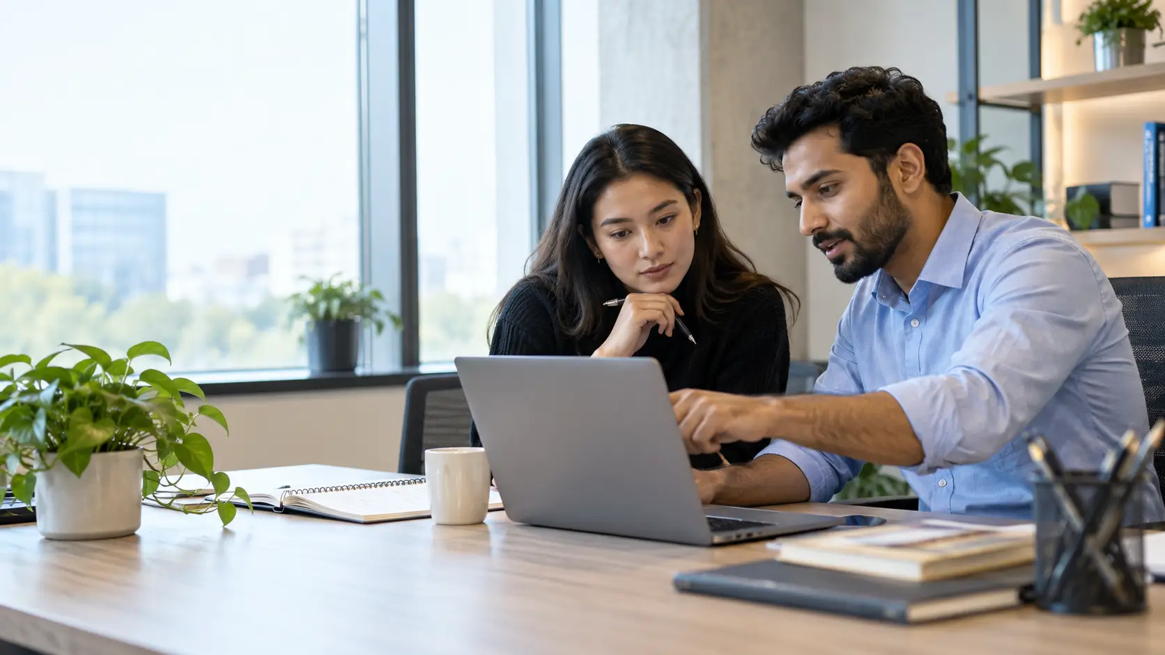 Employees learning new skills together at work 