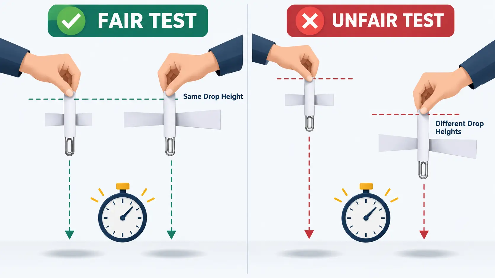 Fair and unfair science experiments comparing paper spinners 