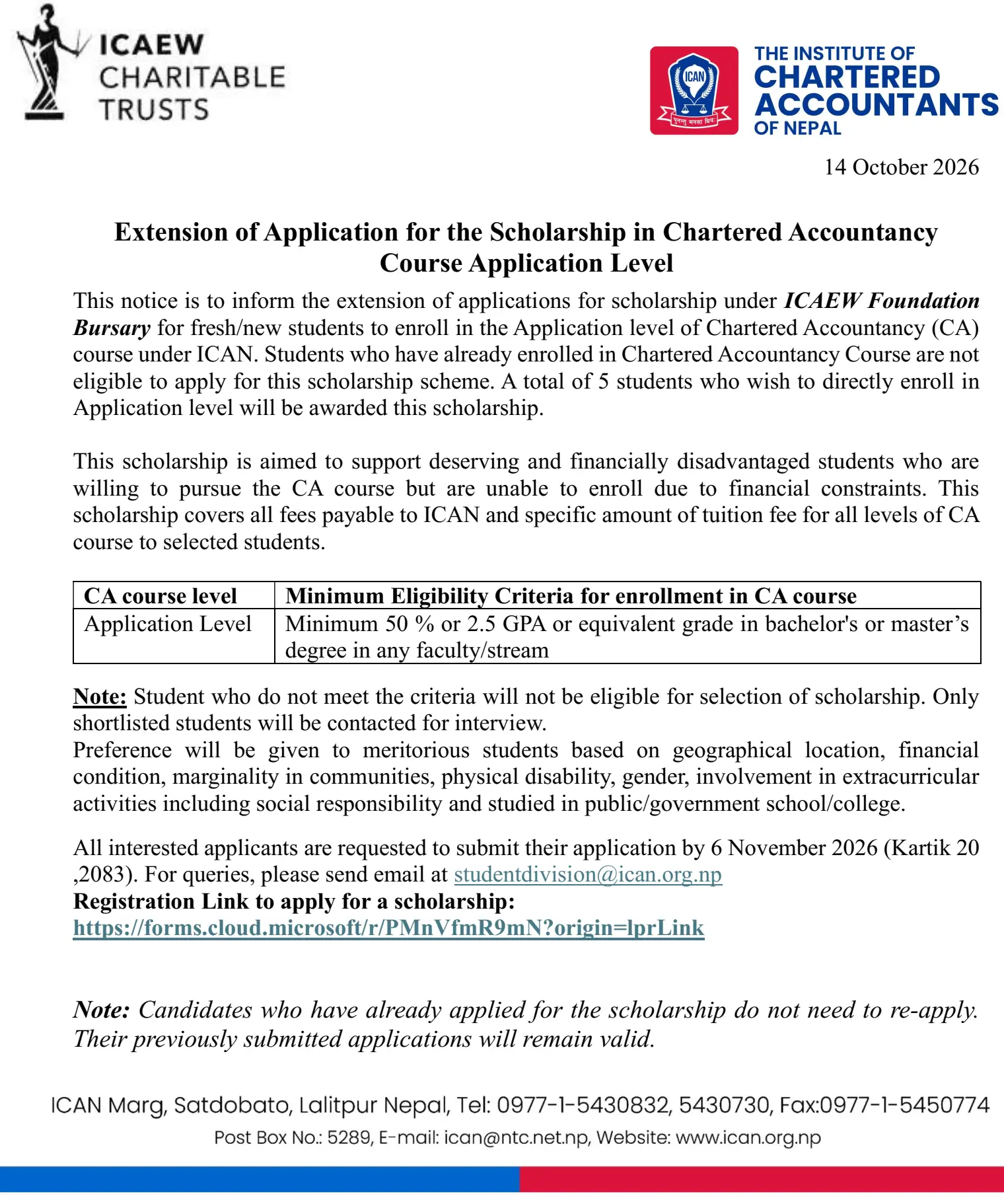 ICAN Extends CA Application Level Scholarship Deadline Notice