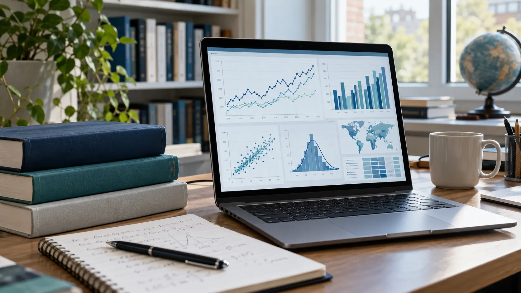 Laptop displaying economic charts and data analysis 