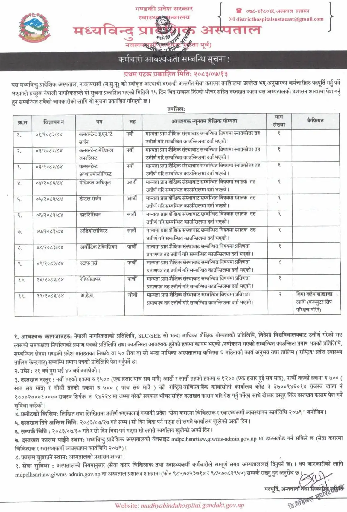 Madhyabindu Provincial Hospital Vacancy Notice 2083