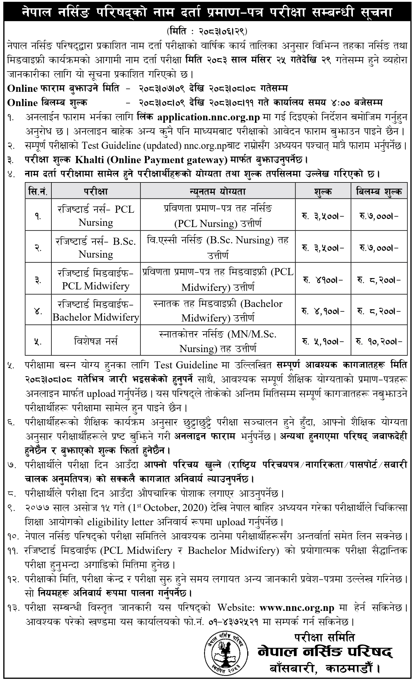Nepal Nursing Council Registration Exams From Mangsir 25