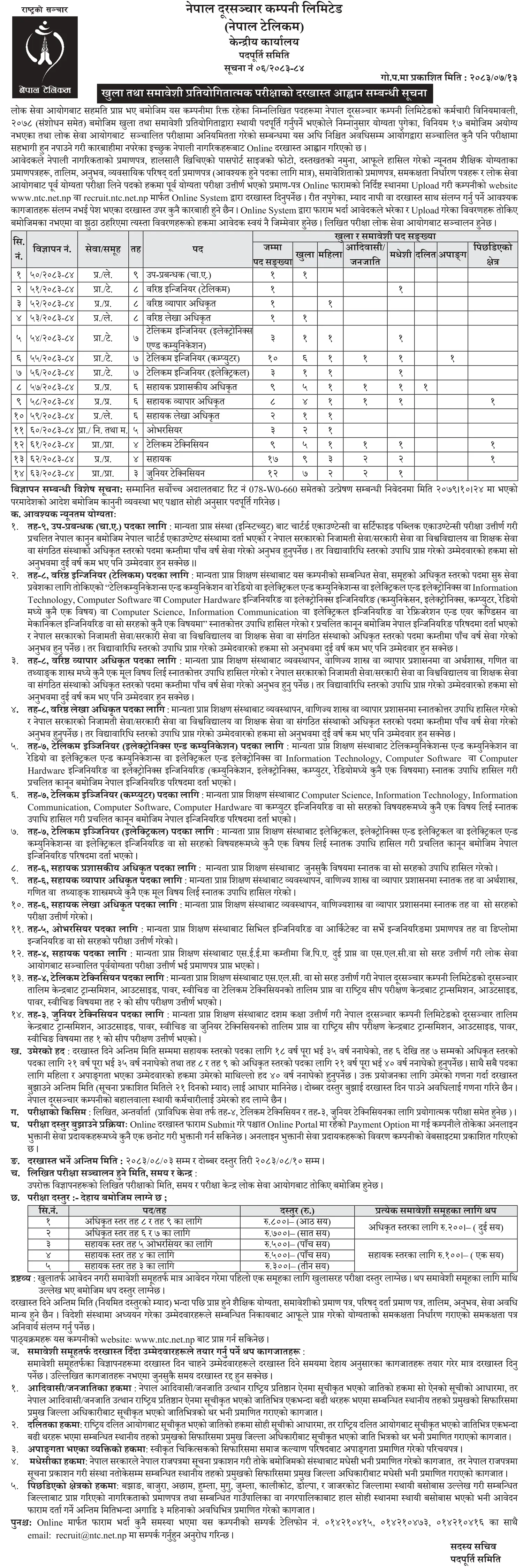 Nepal Telecom Open and Inclusive Vacancy Notice 2083