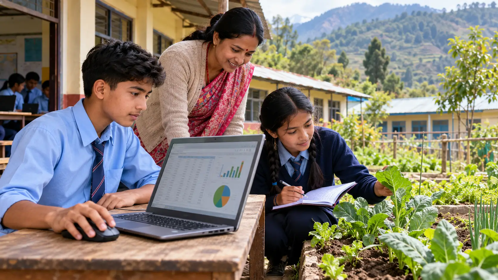 Nepali students combining computer skills with practical agricultural learning 
