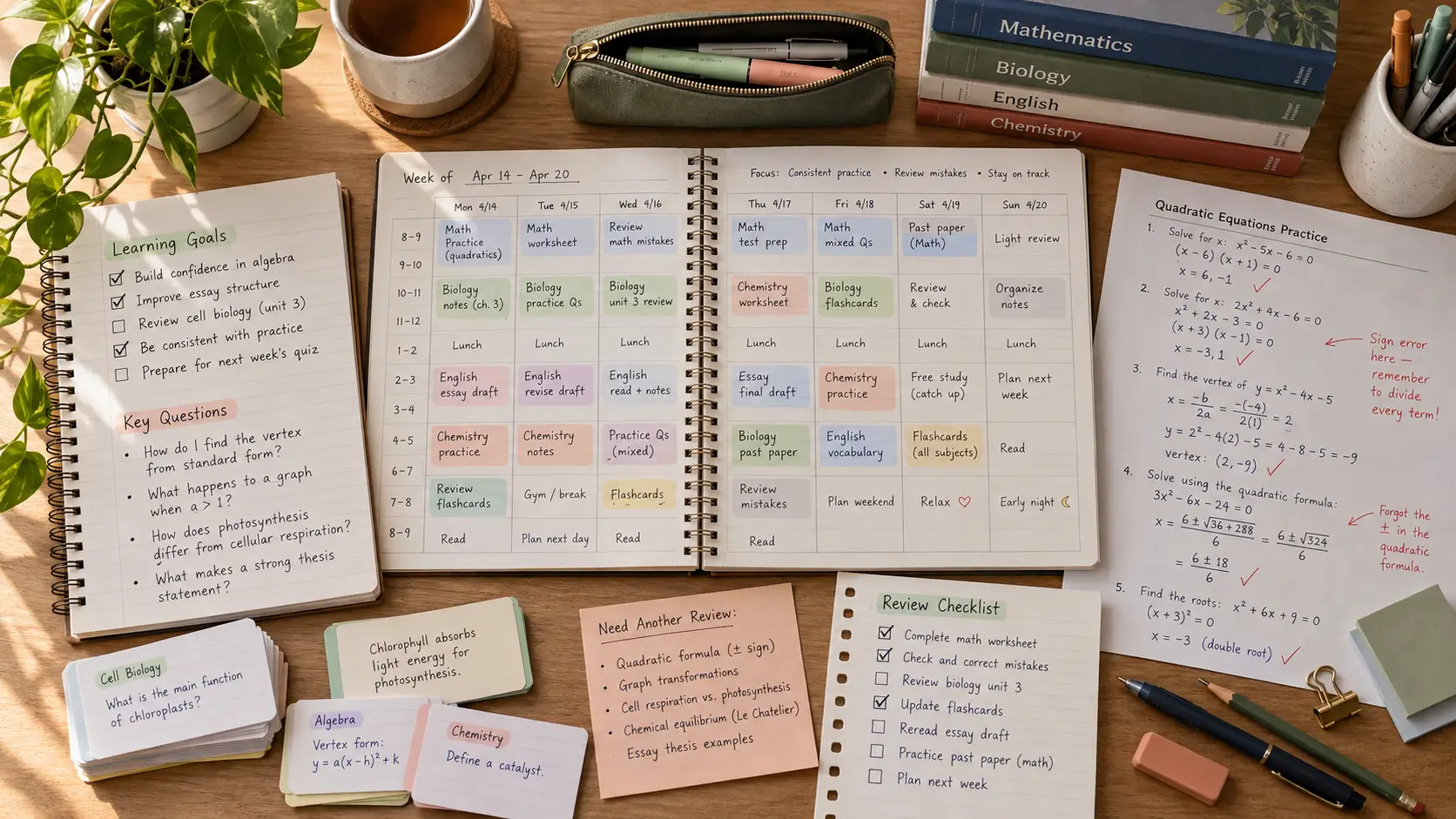 Organized study desk with weekly planner, practice questions, flashcards, and review notes 