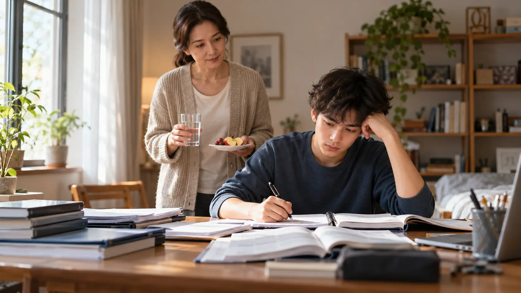 Parent watching a student study under academic pressure 