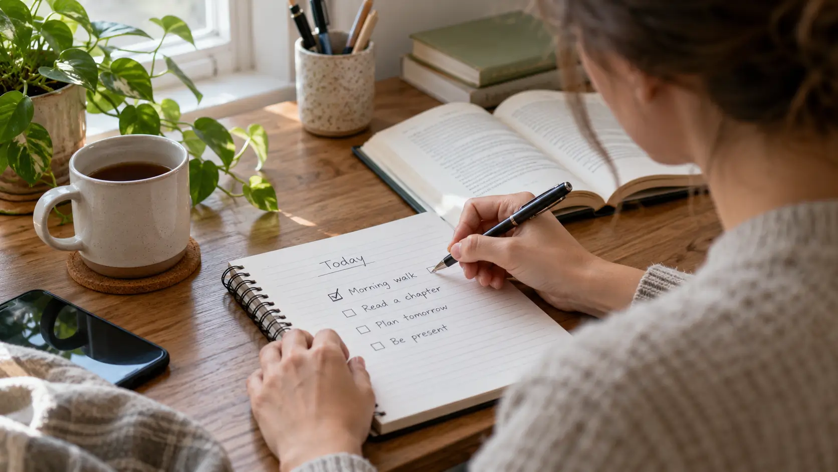 Person building daily habits with a simple notebook checklist 