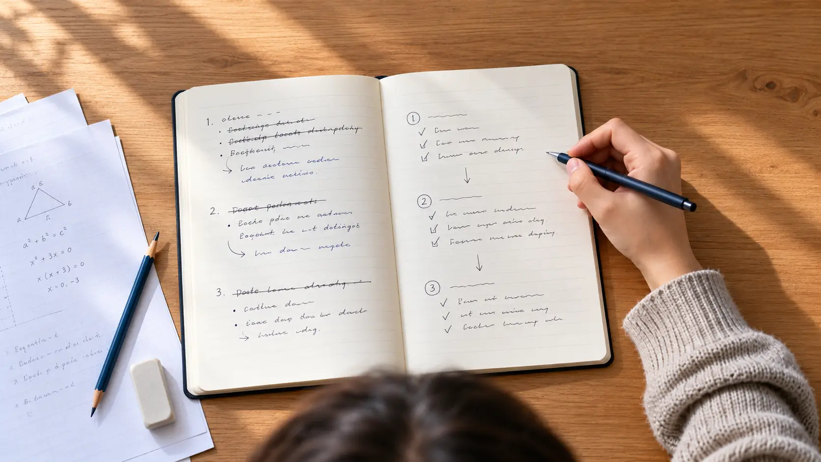 Person reviewing mistakes and writing an improved plan in a notebook 