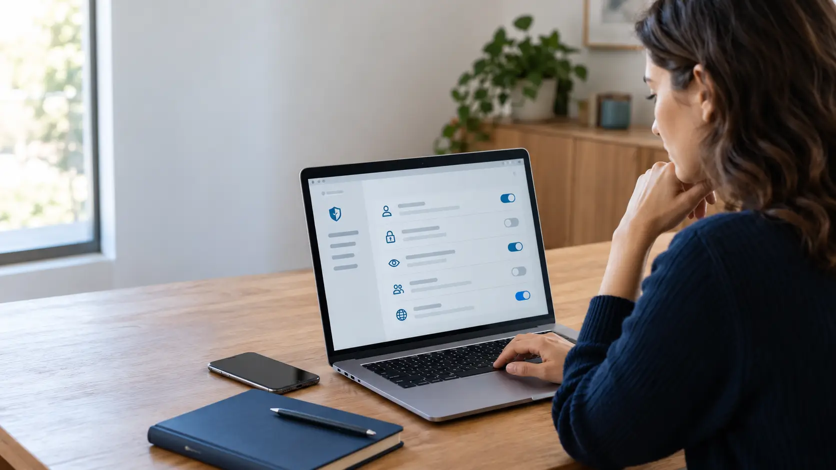 Person reviewing online privacy settings on a laptop 
