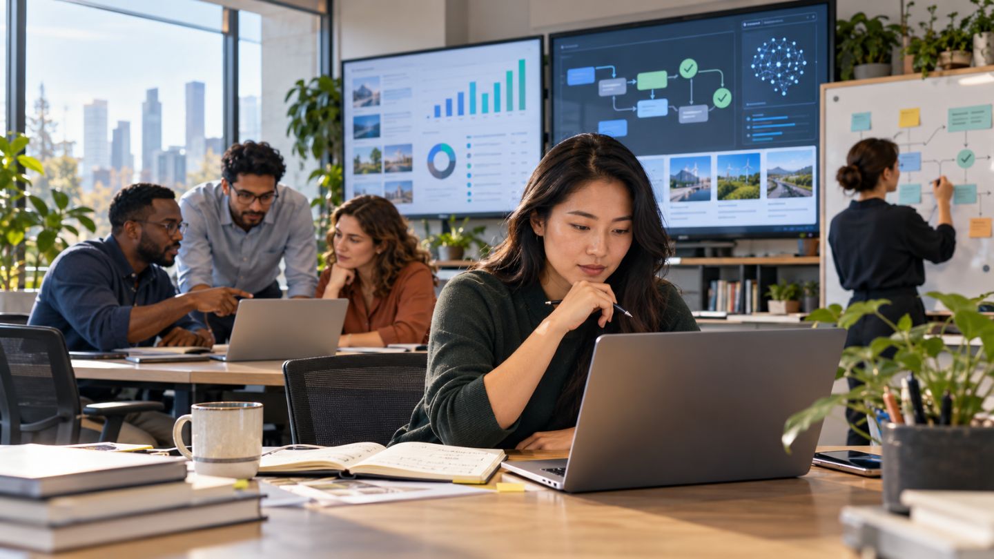 Professionals adapting to technology changes at work by learning new digital tools, reviewing AI-assisted outputs, and collaborating on workplace tasks
