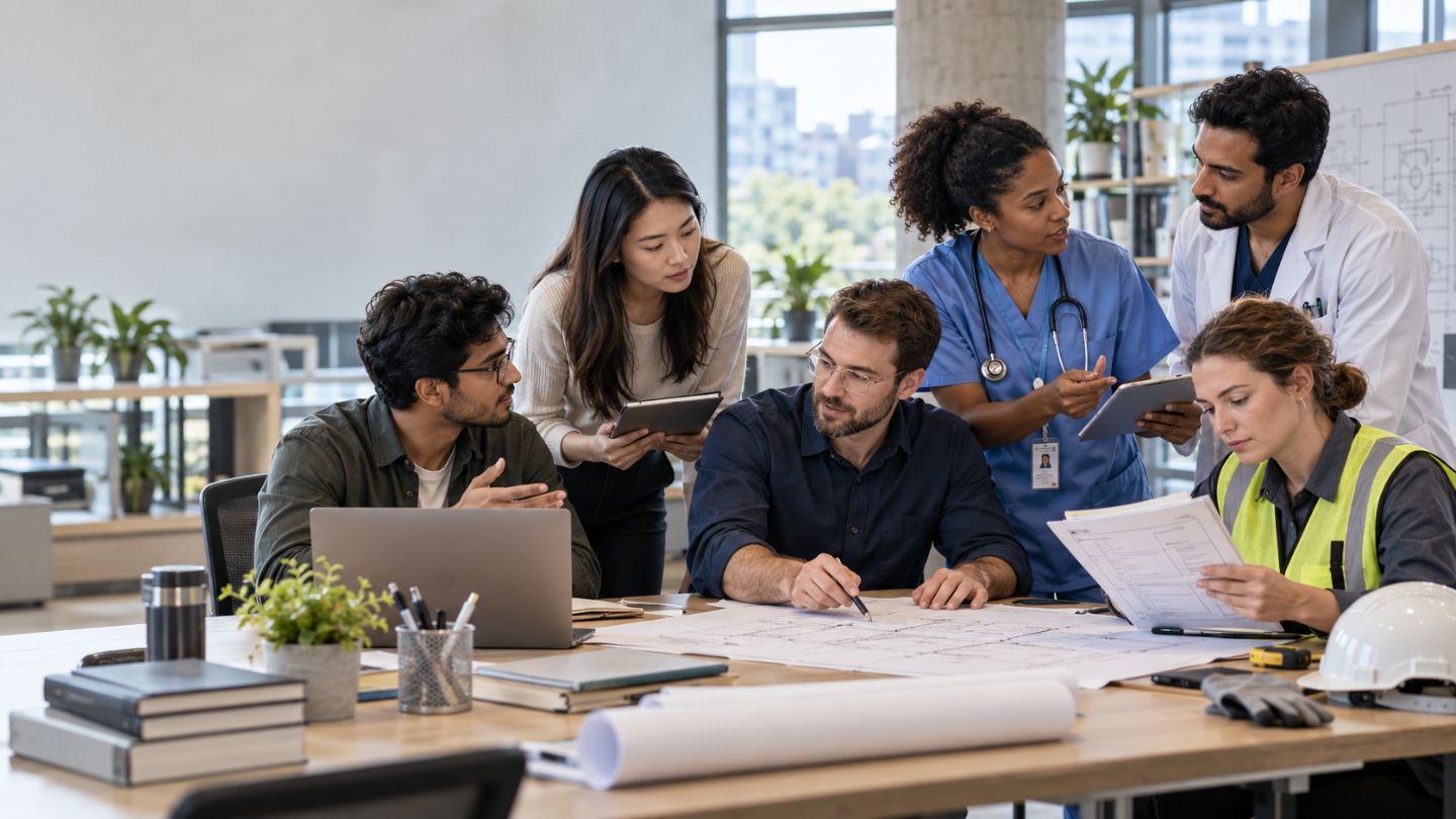 Professionals from different careers communicating and collaborating 