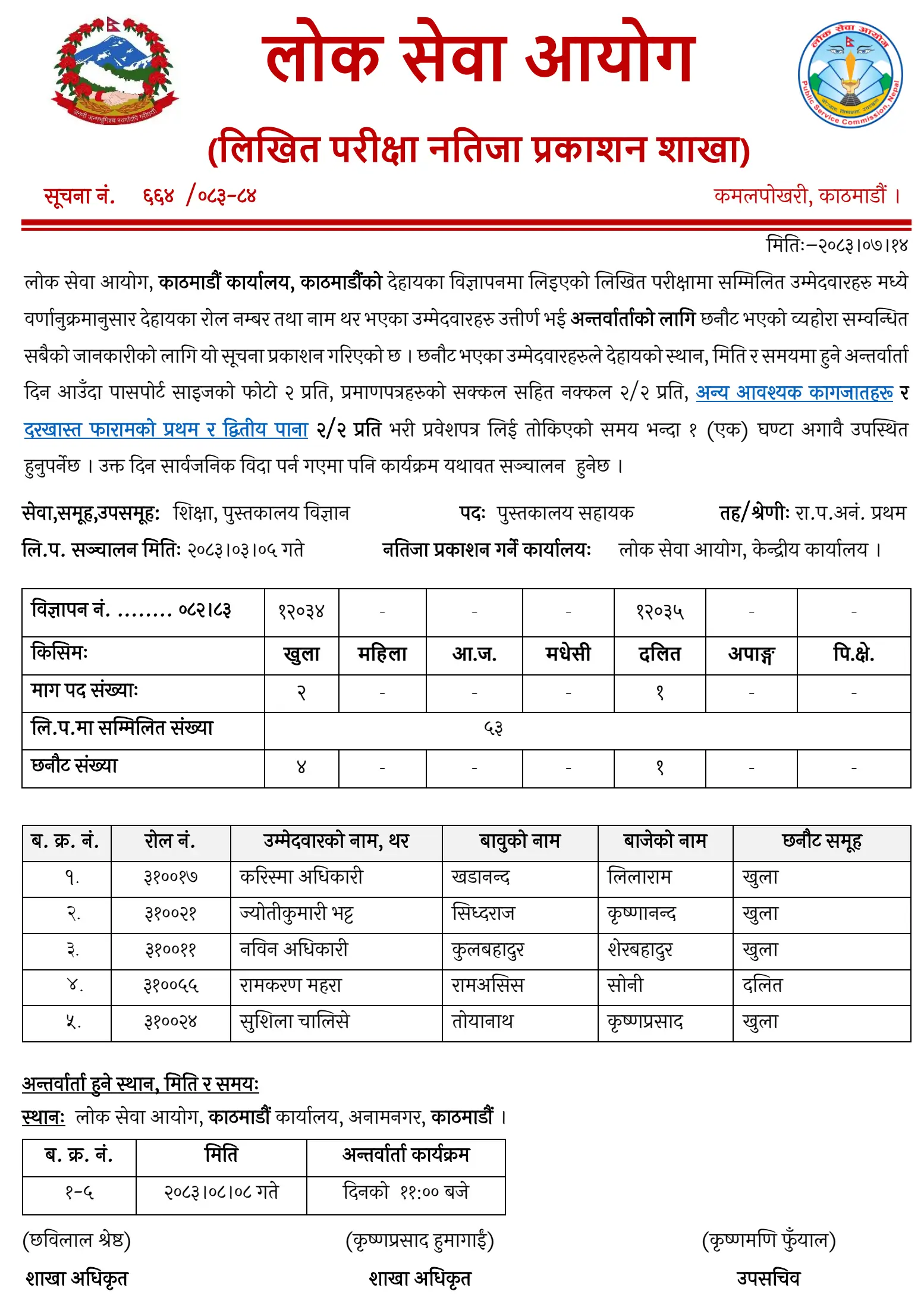 PSC Kathmandu Publishes Library Assistant Written Exam Result 2083