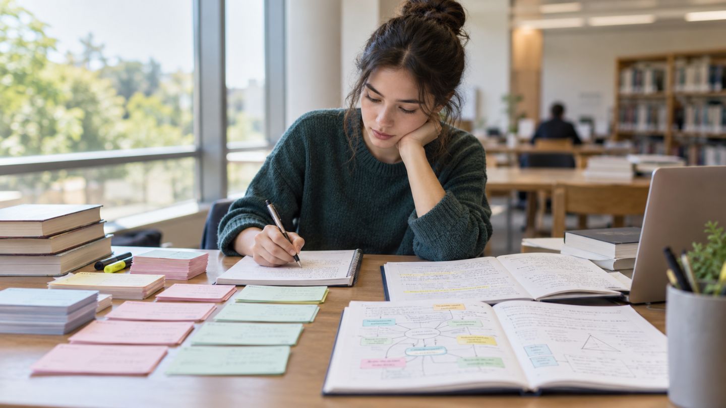 Student combining recall practice, concept mapping, and problem solving while studying 