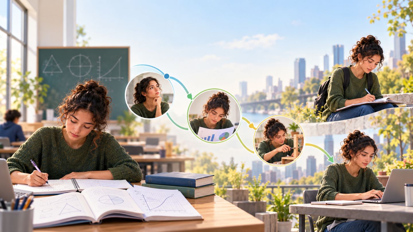 Student connecting classroom learning with practical real-world tasks, illustrating how knowledge is recognized, adapted, and applied in new situations