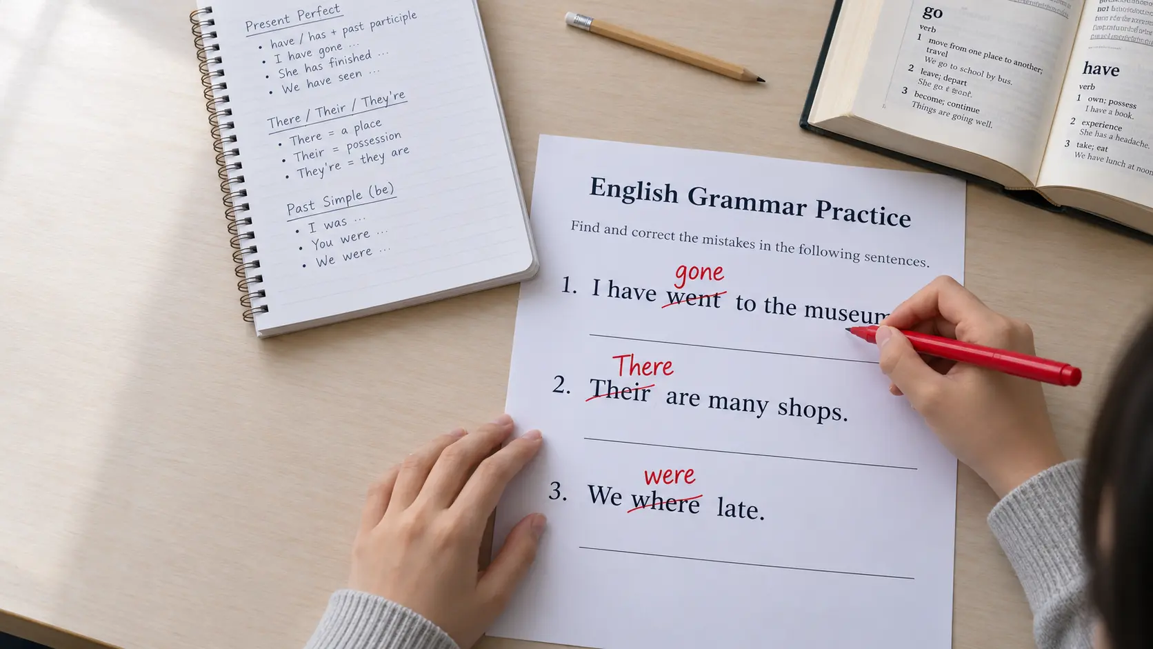 Student correcting common English grammar mistakes 