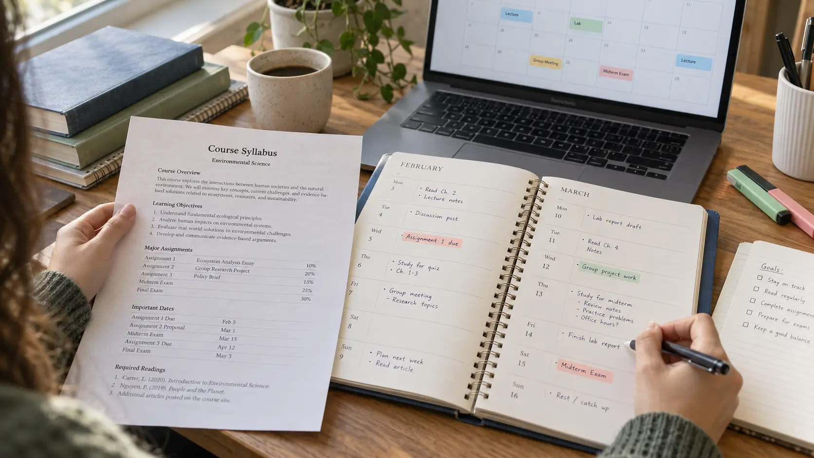 Student organizing a course syllabus and semester study calendar 
