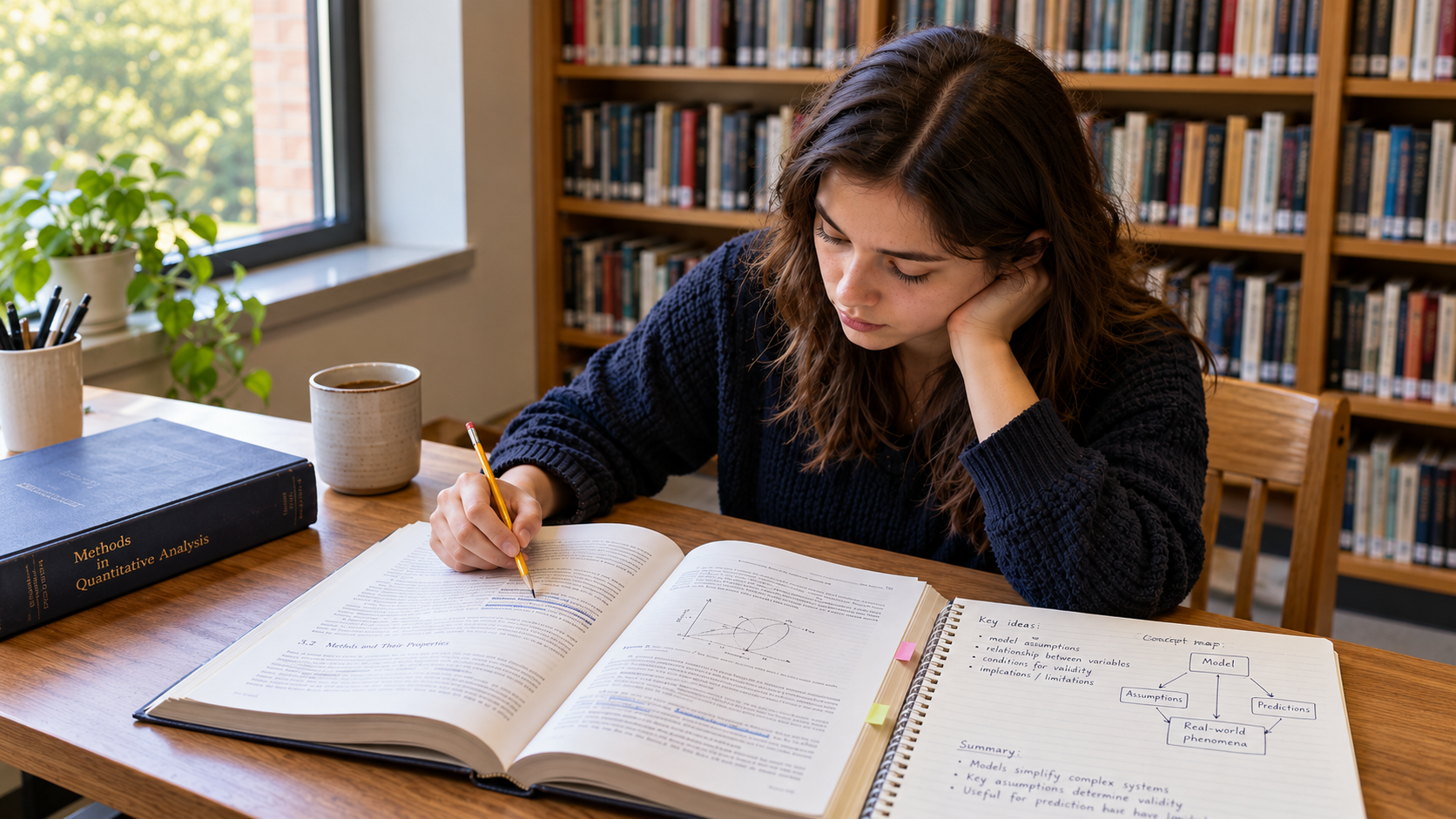 Student reading a difficult textbook with notes and study materials 