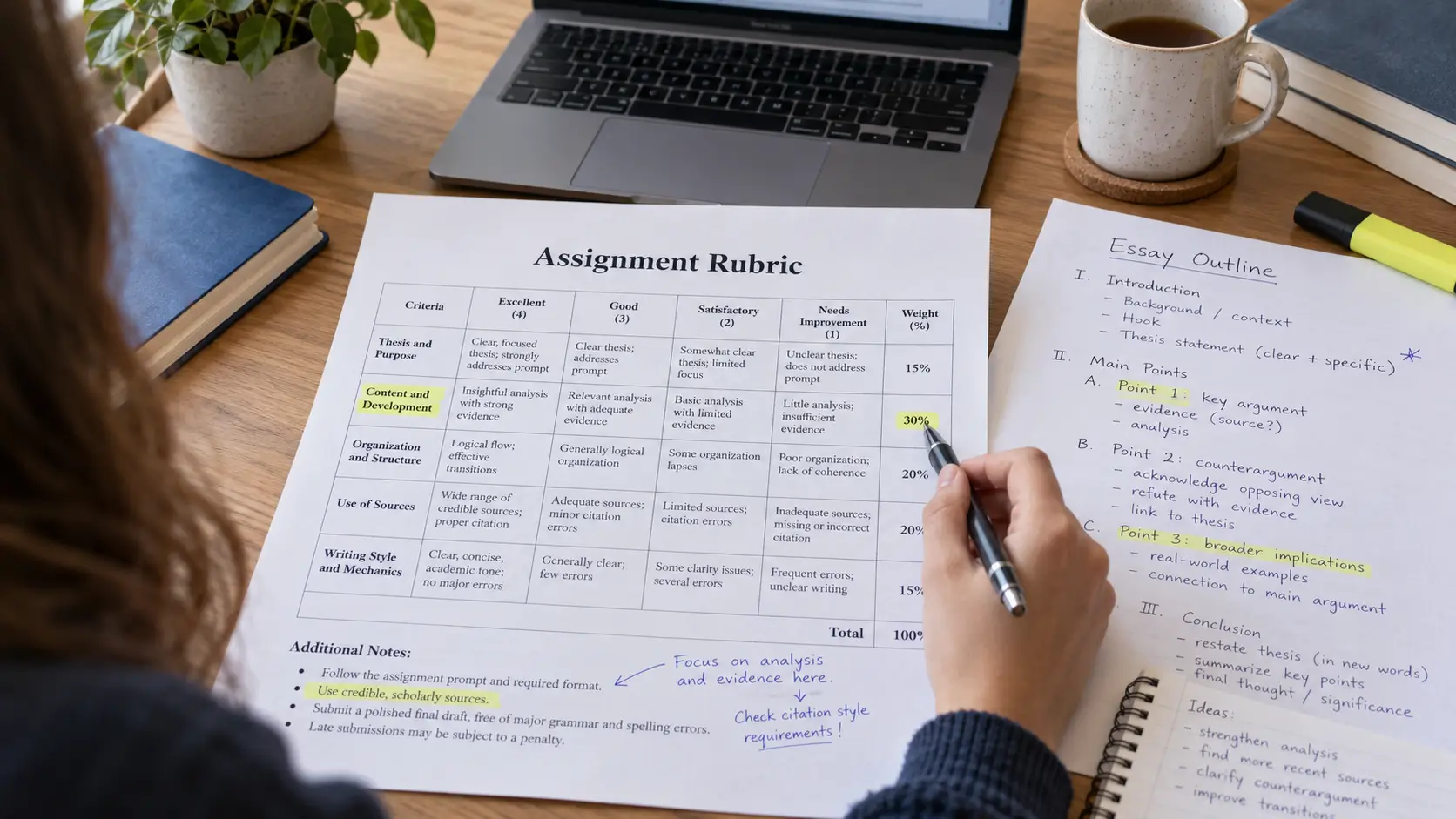 Student reviewing an assignment rubric and planning an essay 