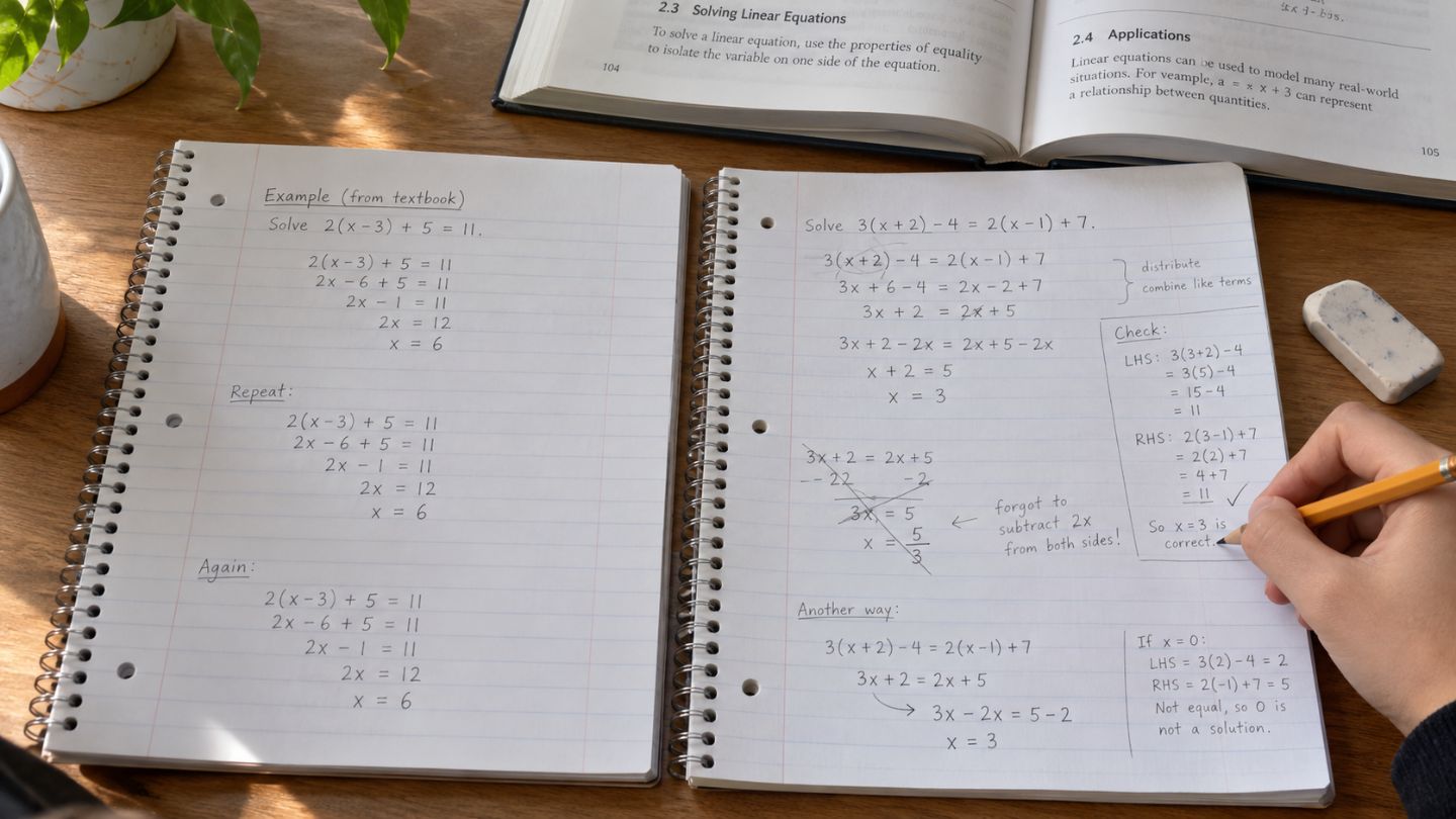 Student solving a math problem beside a worked example 