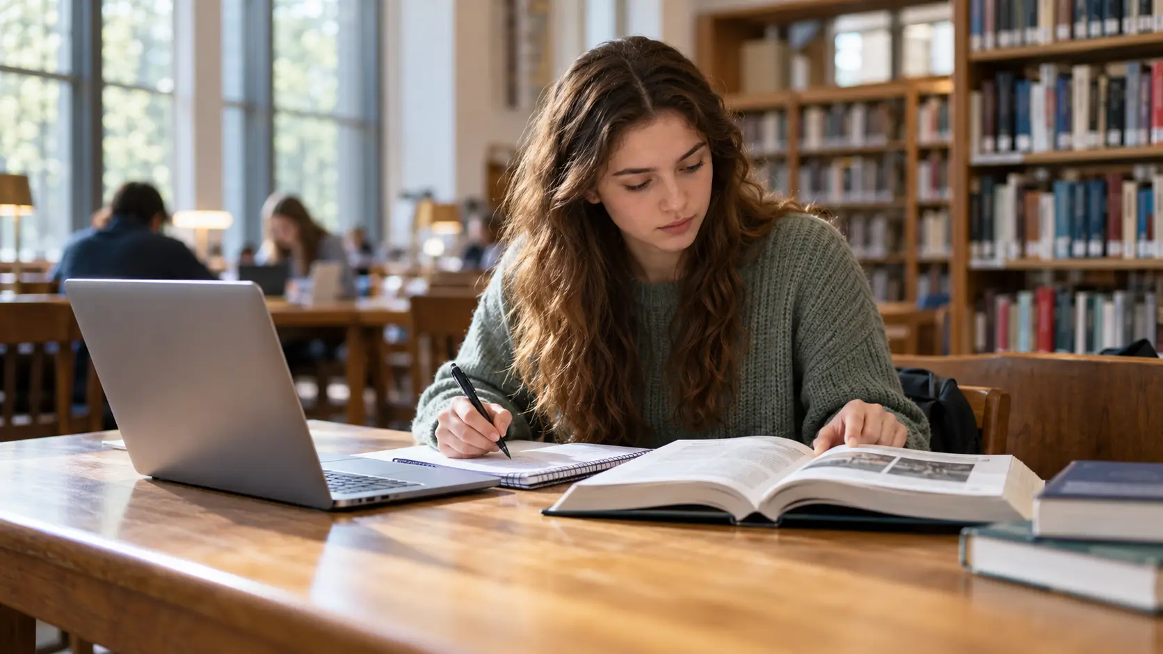 Student verifying information using a laptop and textbooks 