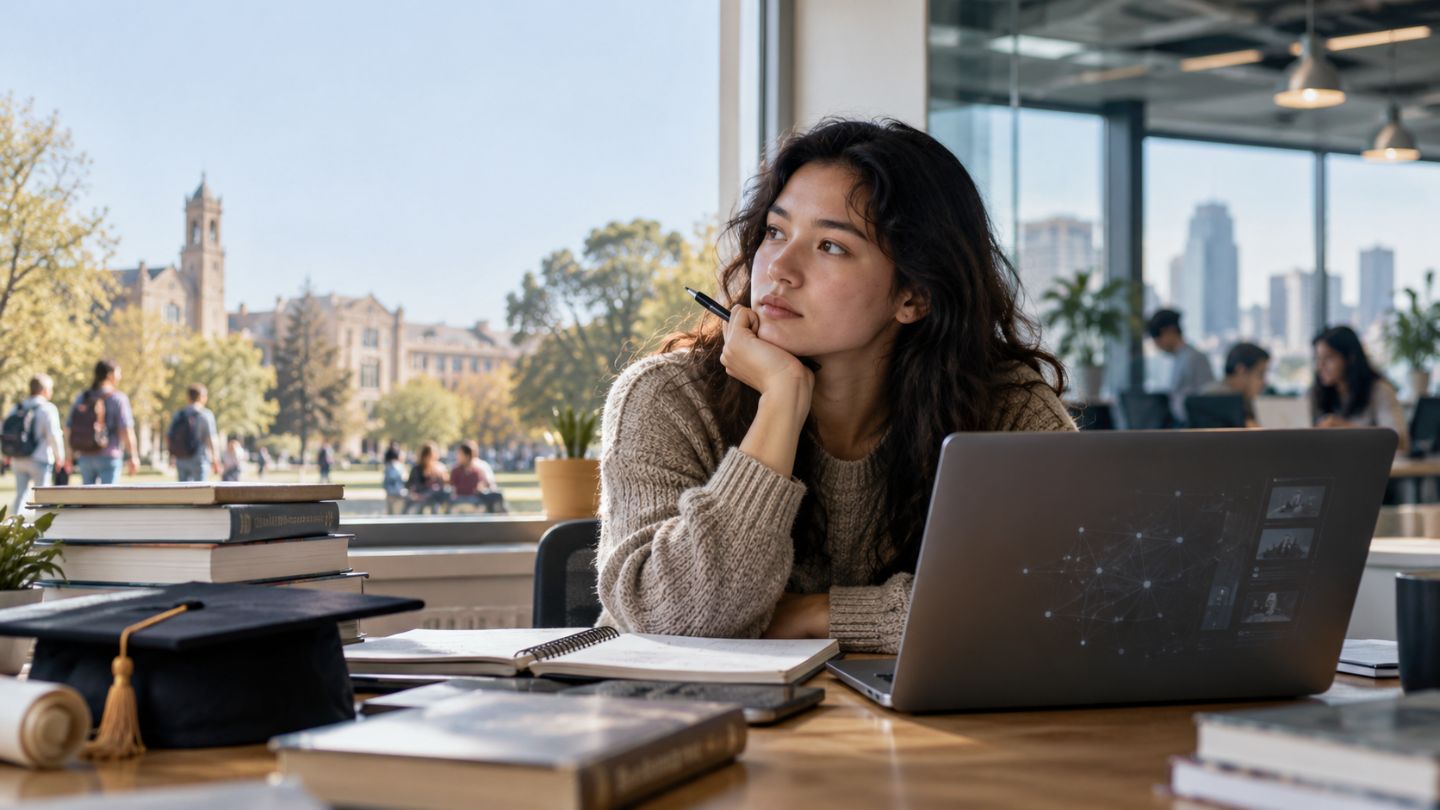 Student weighing the value of a university degree while using a laptop in an AI-shaped education and job market 