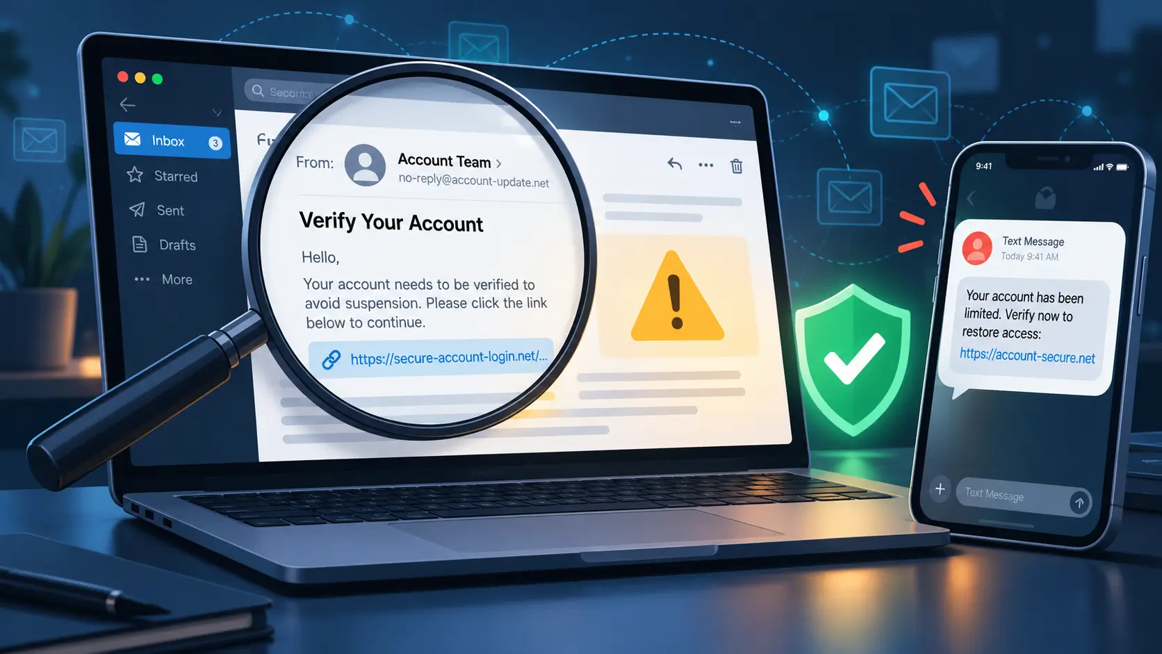 Suspicious phishing email with warning signs and security verification symbols 