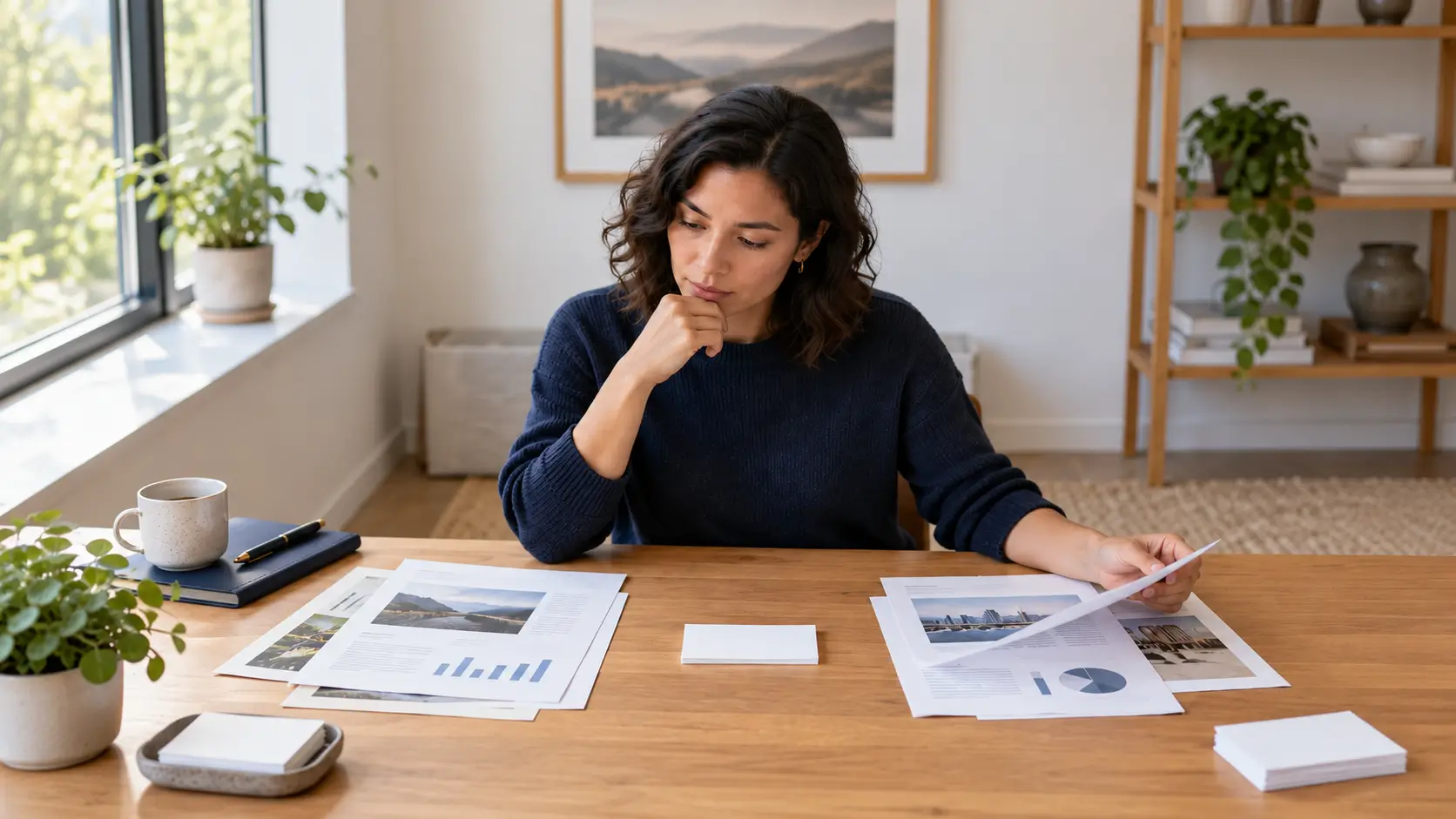 Thoughtful Women examining evidence to recognize personal bias 