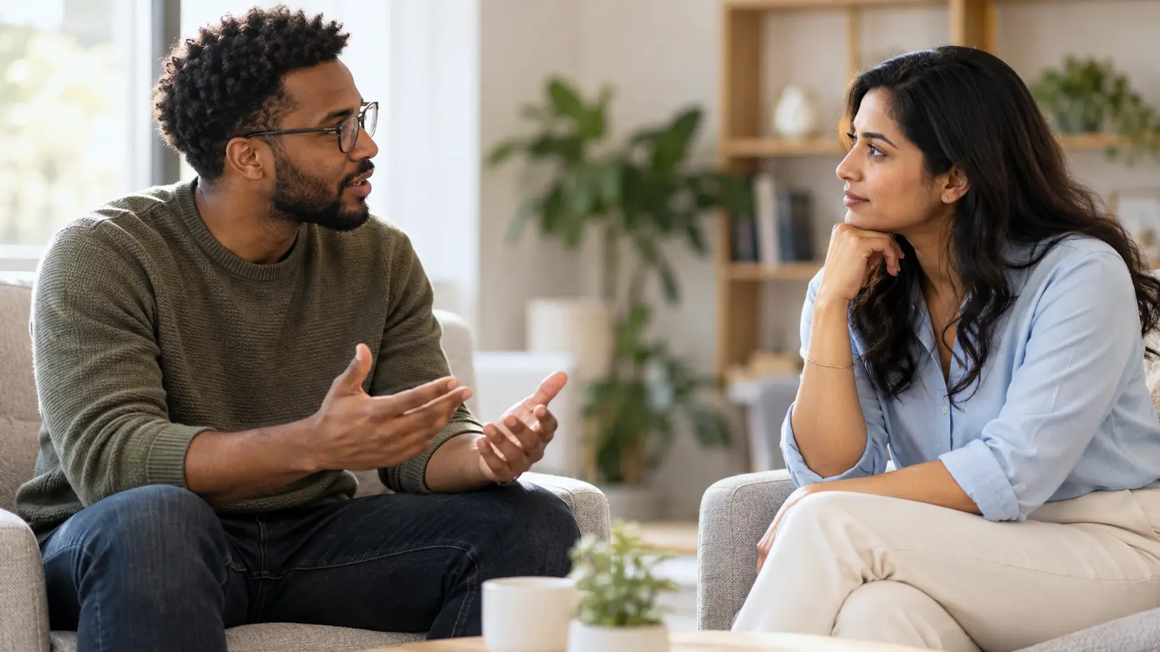 Two people calmly discussing different opinions 