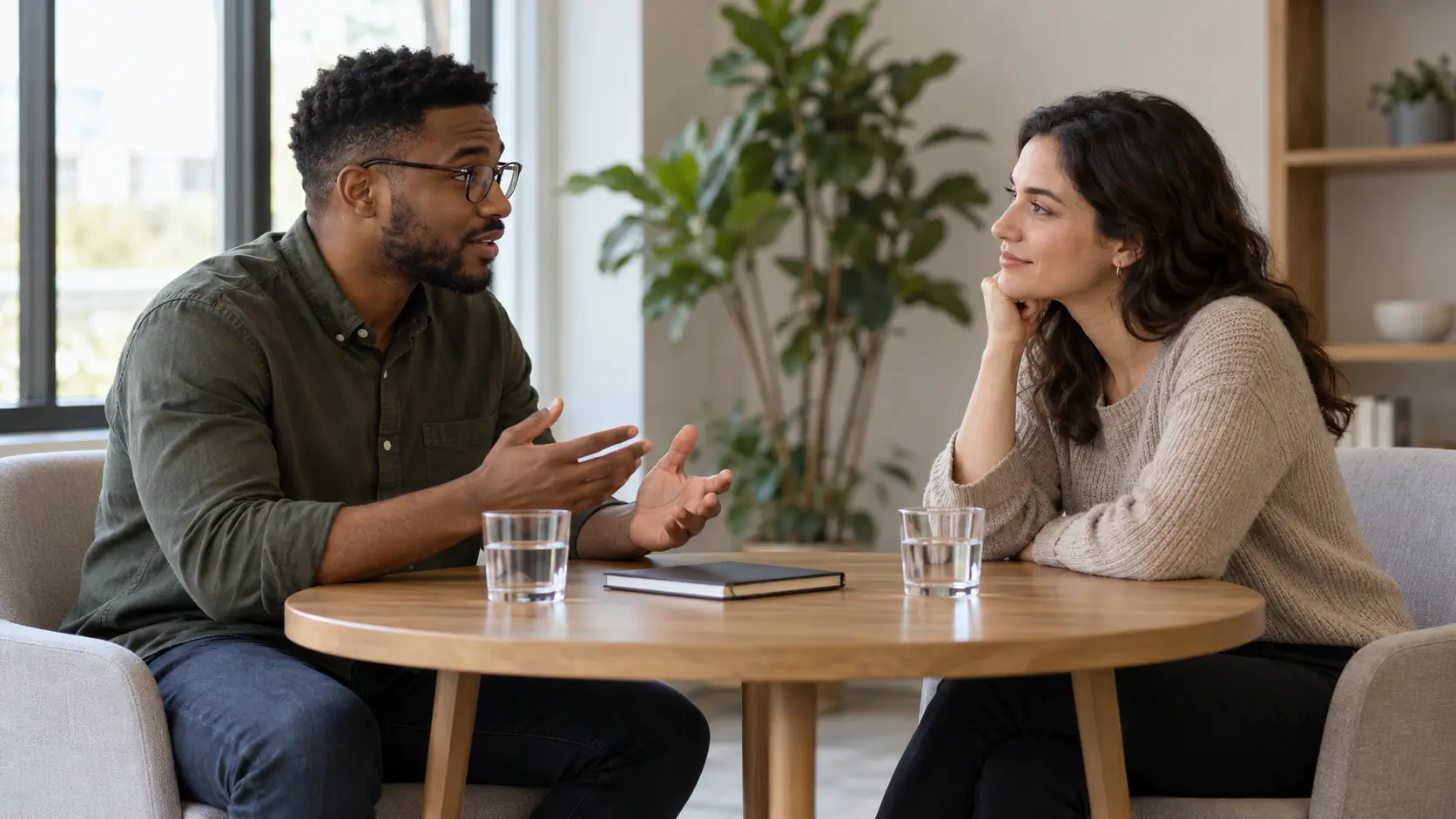 Two people calmly resolving a misunderstanding through open conversation 