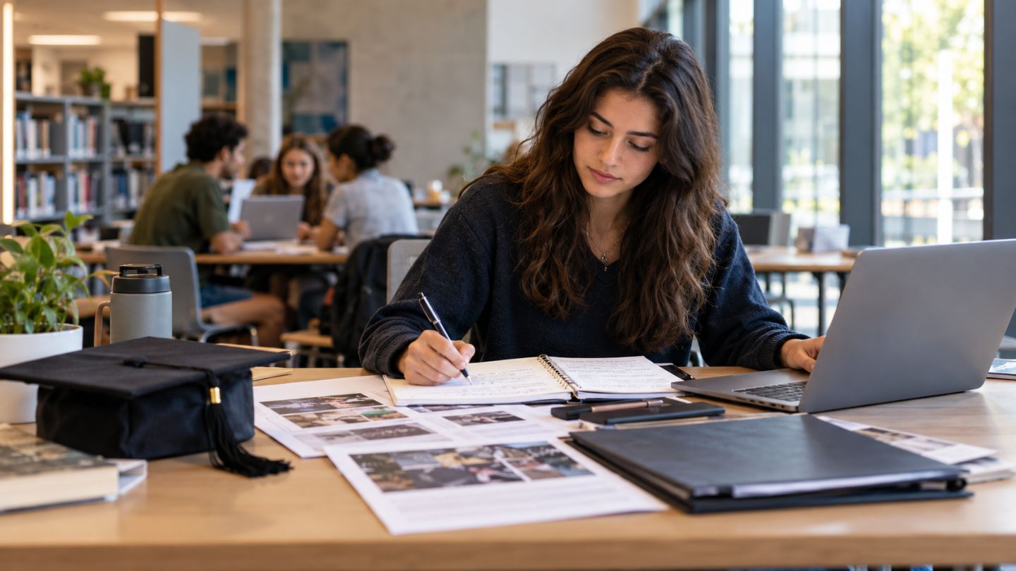 University student working on projects and portfolio materials while developing career skills before graduation 