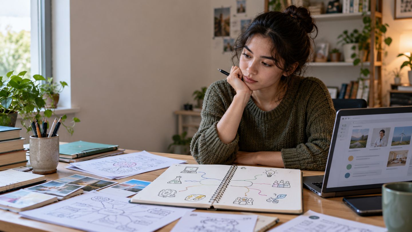 Young adult researching and comparing different career options at a desk before choosing a career direction 