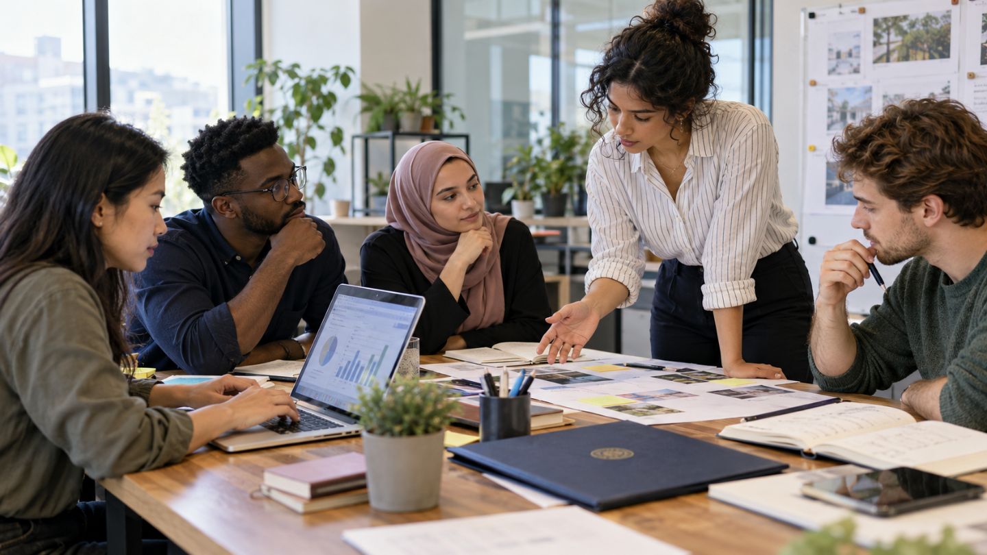 Young graduates and early-career professionals collaborating on practical workplace tasks, representing the skills employers value beyond a degree.