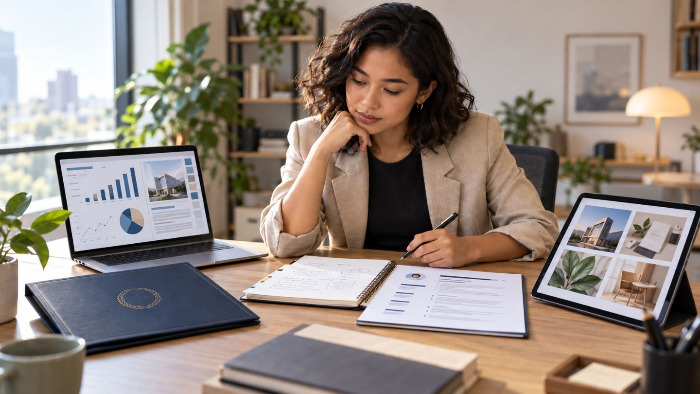 Young professional reviewing a degree certificate, work sample, resume, and portfolio to compare different forms of career evidence 