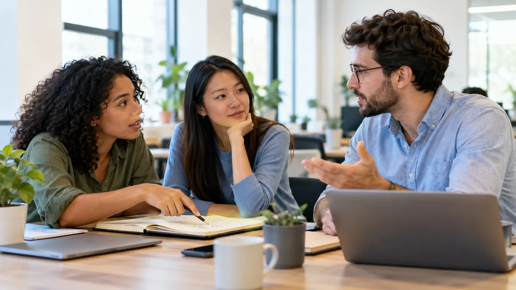 Young professionals asking questions and learning together at work 